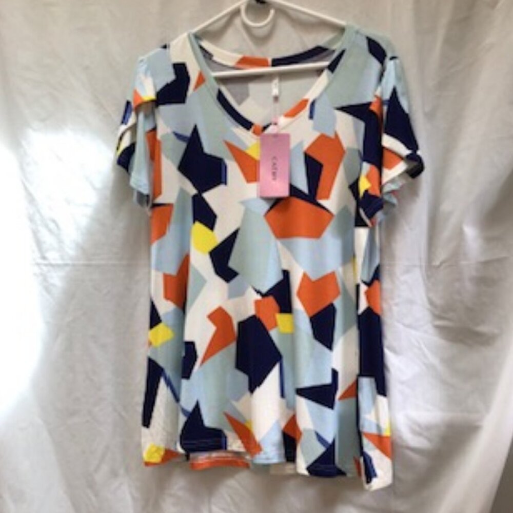NWT Cathy Blue Orange Rayon Top Tee Shirt Double Flare Cap Sleeves. L Large